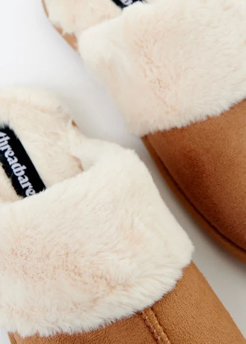 Threadbare Brown Denver Faux Suede Faux Fur Lined Mule Slippers - S Image 2
