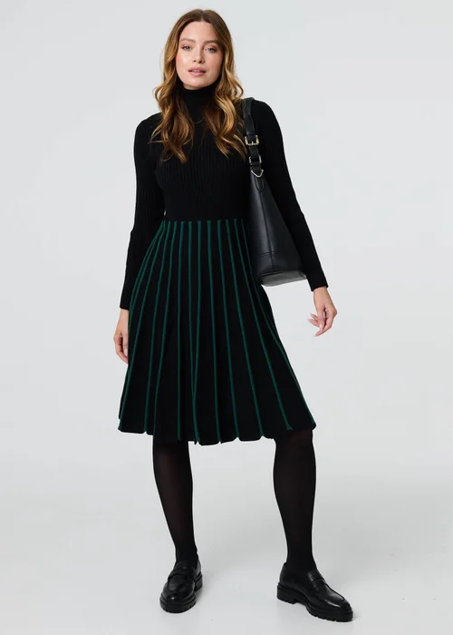 Izabel London Black Striped Knit Top High Neck Midi Dress - 8 Image 1