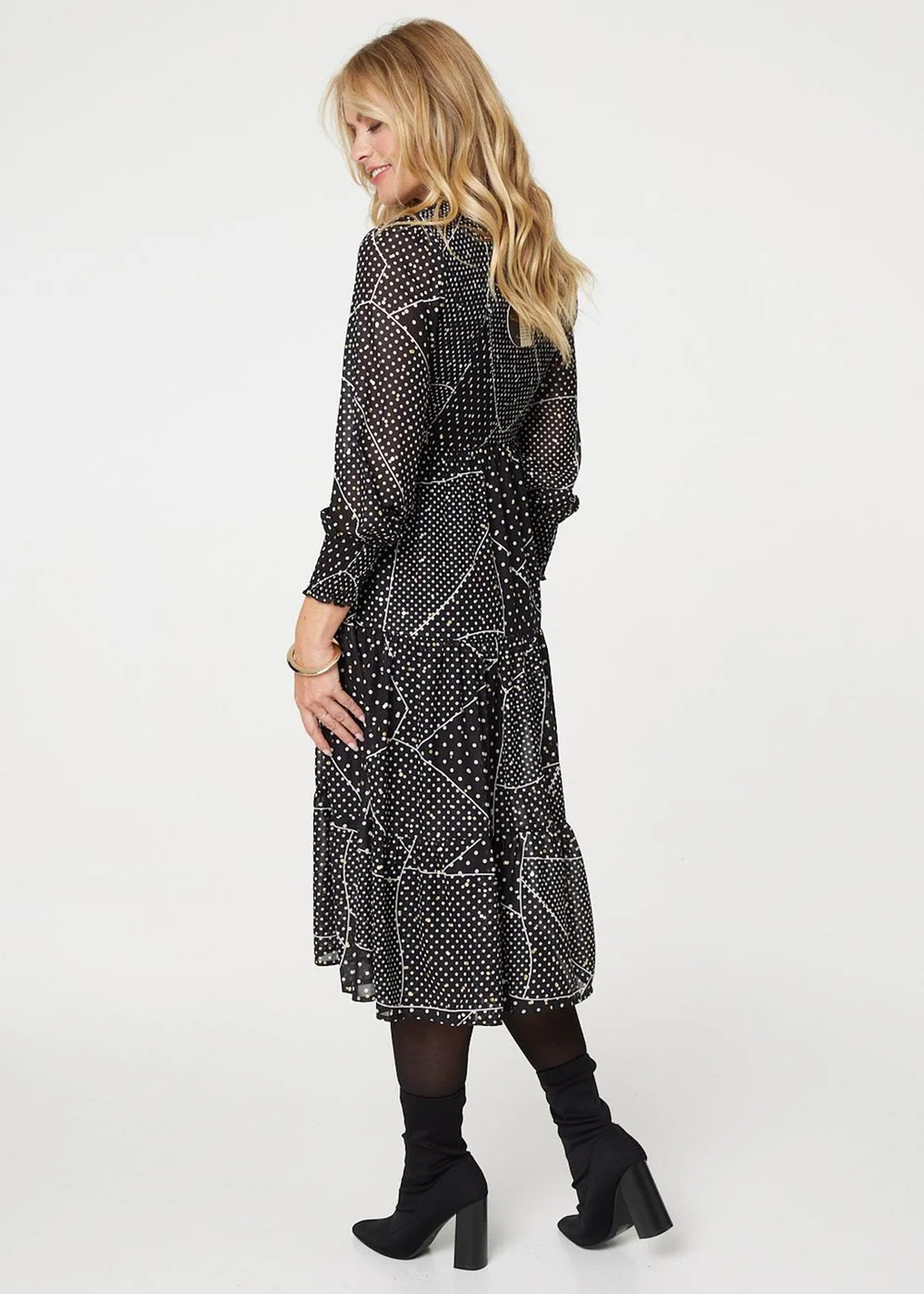 Izabel London Black Polka Dot Print Puff Sleeve Midi Dress - 8 Image 2