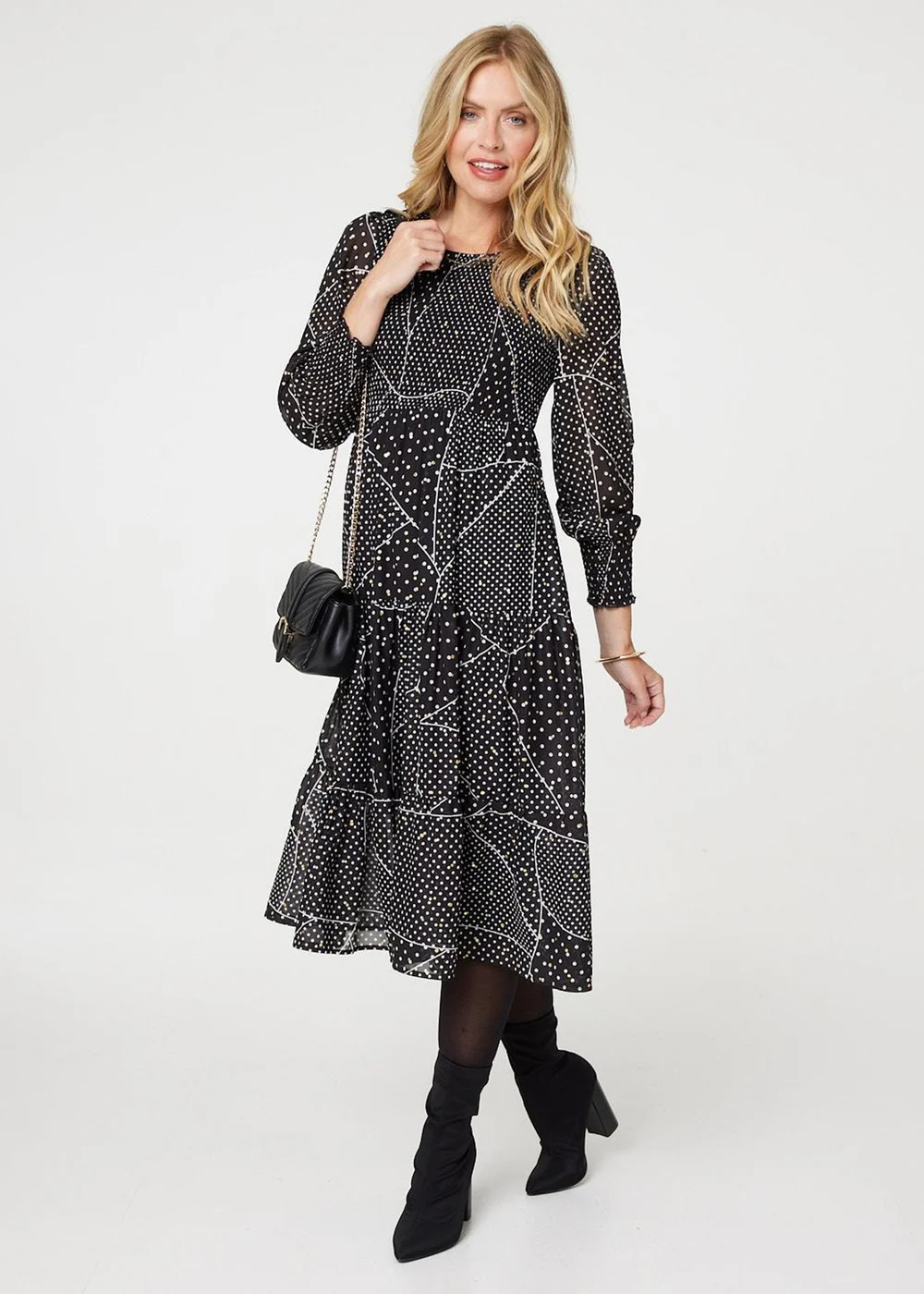 Izabel London Black Polka Dot Print Puff Sleeve Midi Dress - 8 Image 1