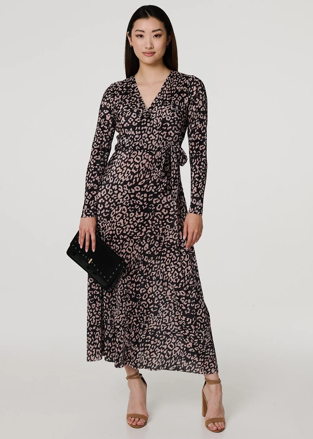 Izabel London Black Animal Print Pleated Wrap Midi Dress - 8 Image 1