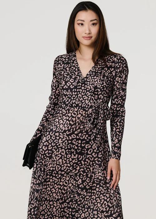 Izabel London Black Animal Print Pleated Wrap Midi Dress - 8 Image 4