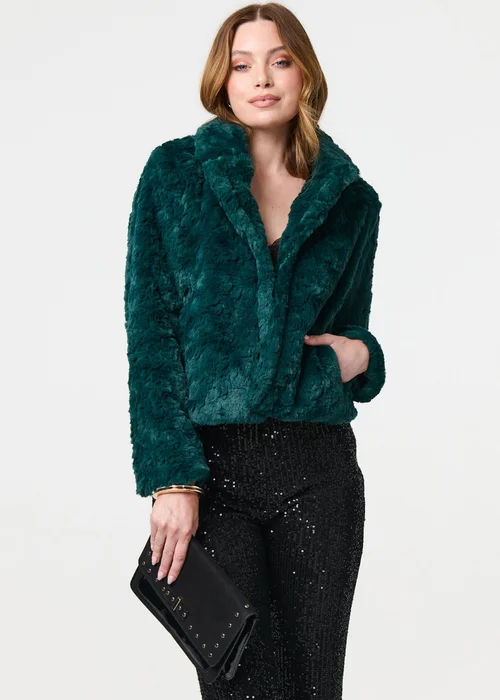 Izabel London Green Faux Fur Cropped Long Sleeve Jacket - 8 Image 4