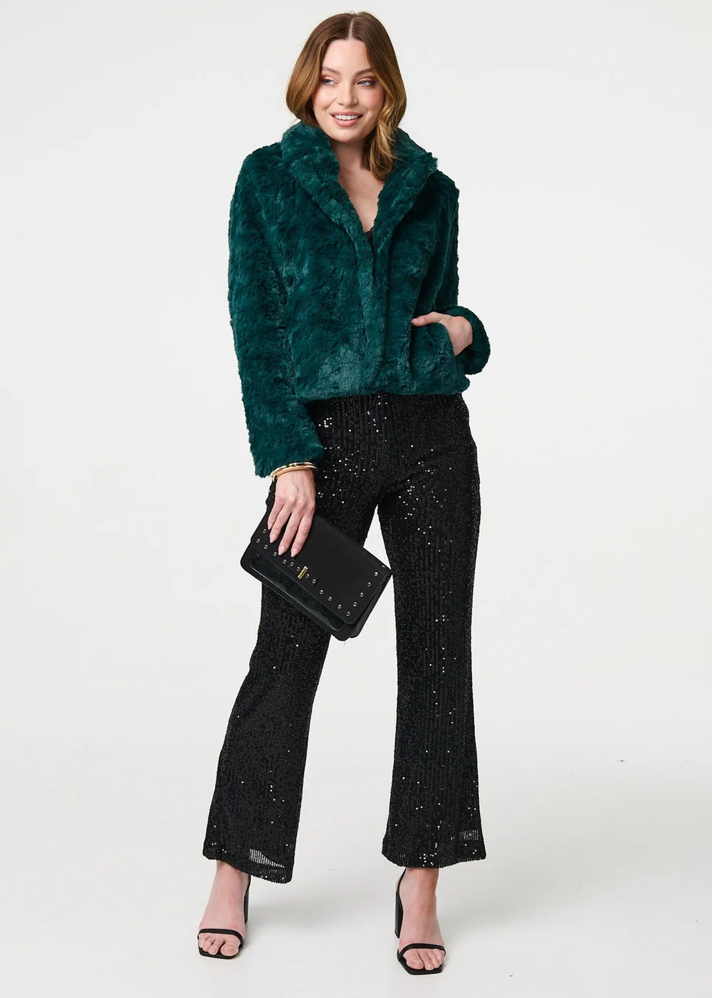 Izabel London Green Faux Fur Cropped Long Sleeve Jacket - 8 Image 1