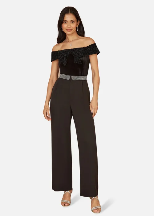 Mela Black Sparkle Velvet Bow Bardot Top - 8 Image 1