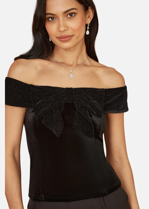 Mela Black Sparkle Velvet Bow Bardot Top - 8 Image 2