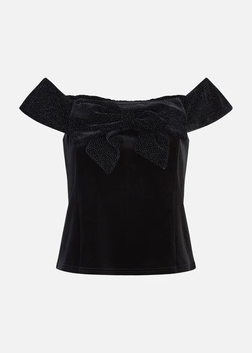 Mela Black Sparkle Velvet Bow Bardot Top - 8 Image 3