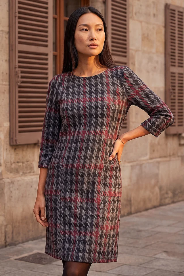 Roman Red Houndstooth Pocket Shift Stretch Dress