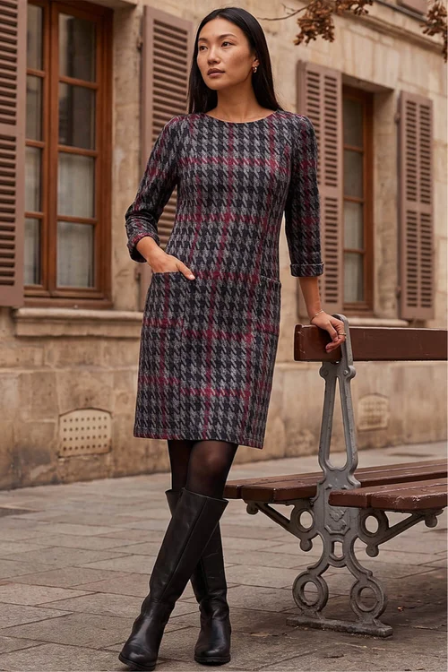 Roman Red Houndstooth Pocket Shift Stretch Dress - 20 Image 1