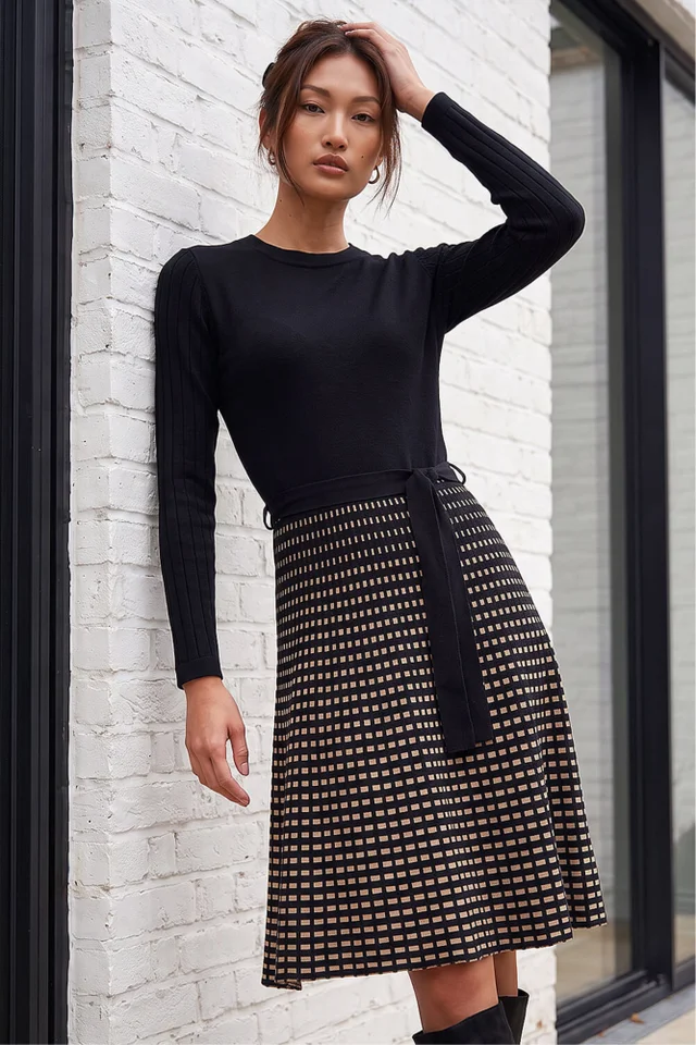 Roman Black Check Print Belted Jumper Dress
