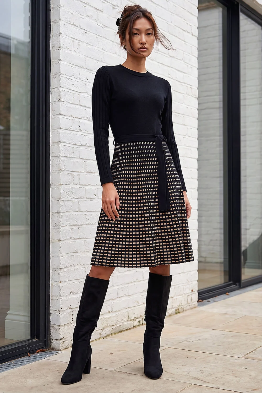 Roman Black Check Print Belted Jumper Dress - 16 Image 3