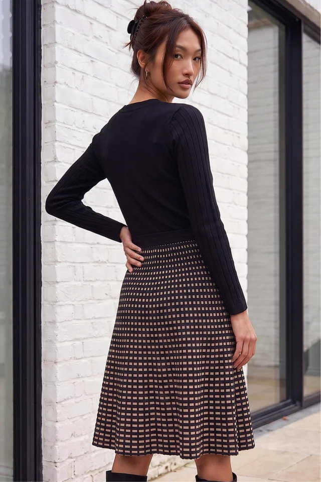 Roman Black Check Print Belted Jumper Dress