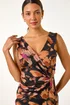 Roman Beige Floral Ruched V-Neck Dress - 18 Image 4