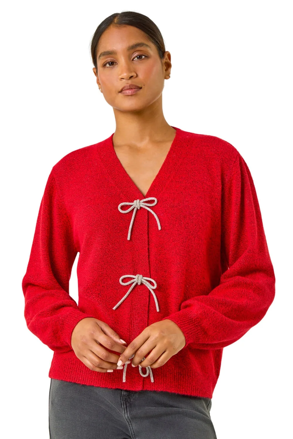 Roman Red Bow Embelished Knit Cardigan - Size 24 Image 1