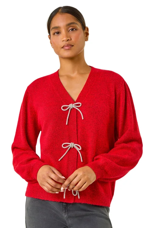 Roman Red Bow Embelished Knit Cardigan - Size 24 Image 1