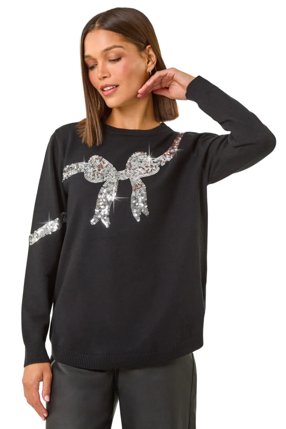 Roman Black Bow Sequin Detail Knit Jumper - Size 10 Image 1