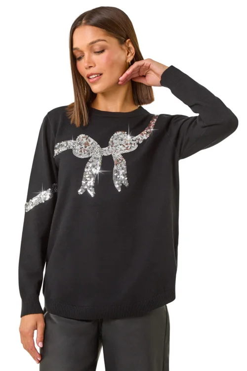 Roman Black Bow Sequin Detail Knit Jumper - Size 10 Image 1