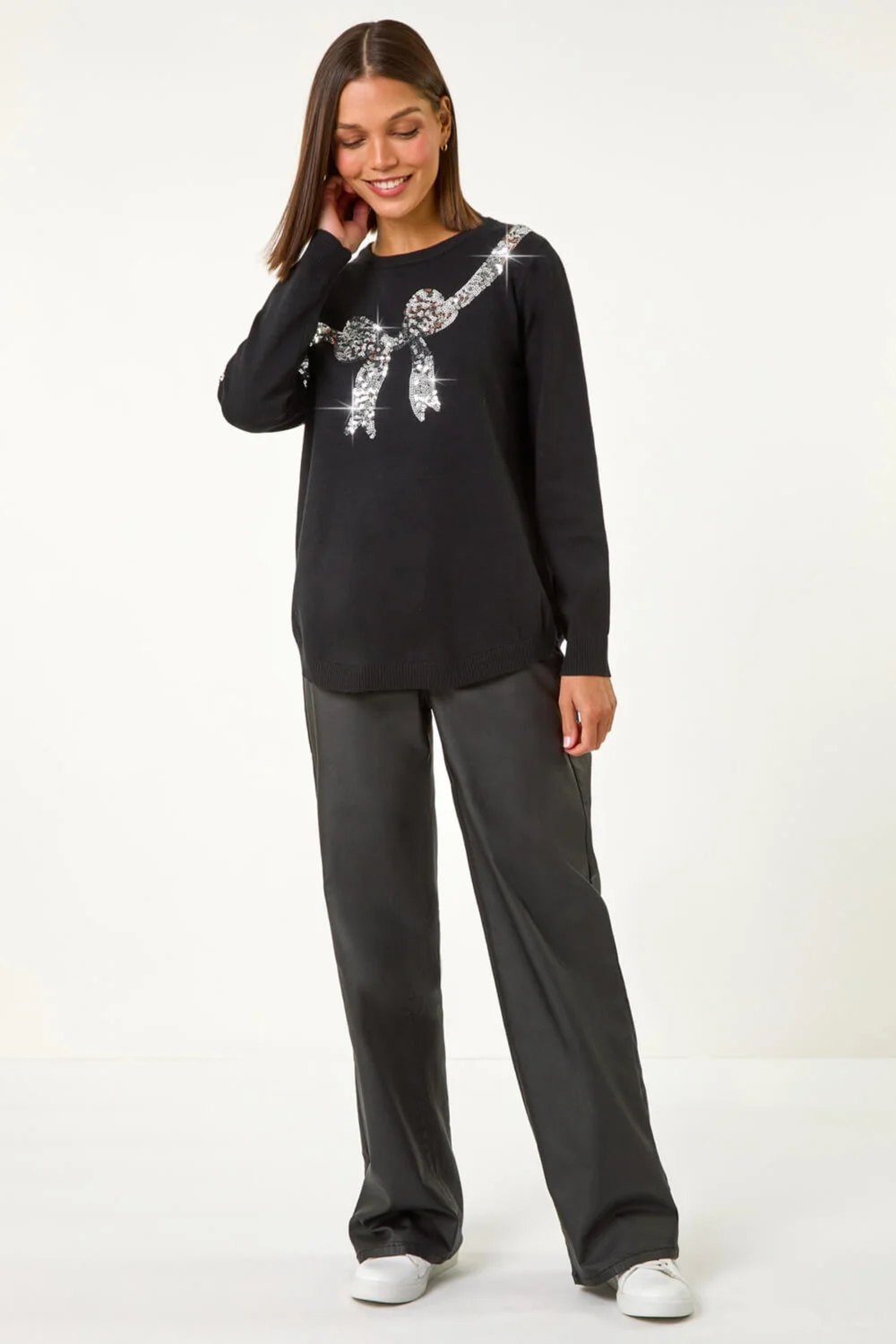Roman Black Bow Sequin Detail Knit Jumper - Size 10 Image 3
