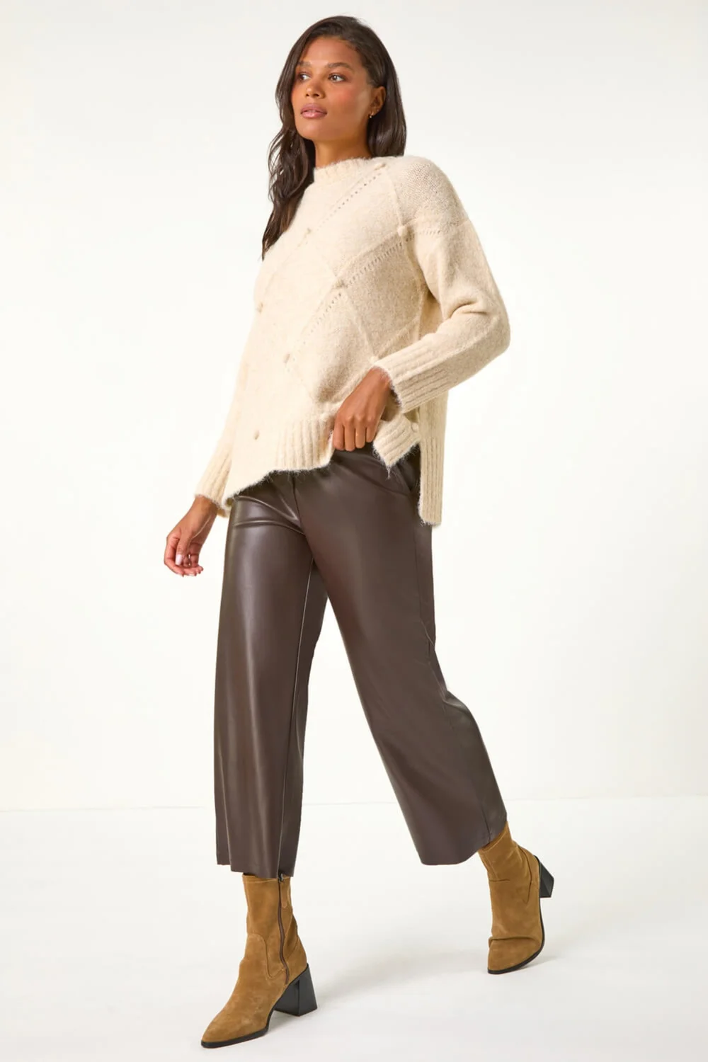 Roman Chocolate Faux Leather Wide Leg Crop Trousers - 16 Image 3