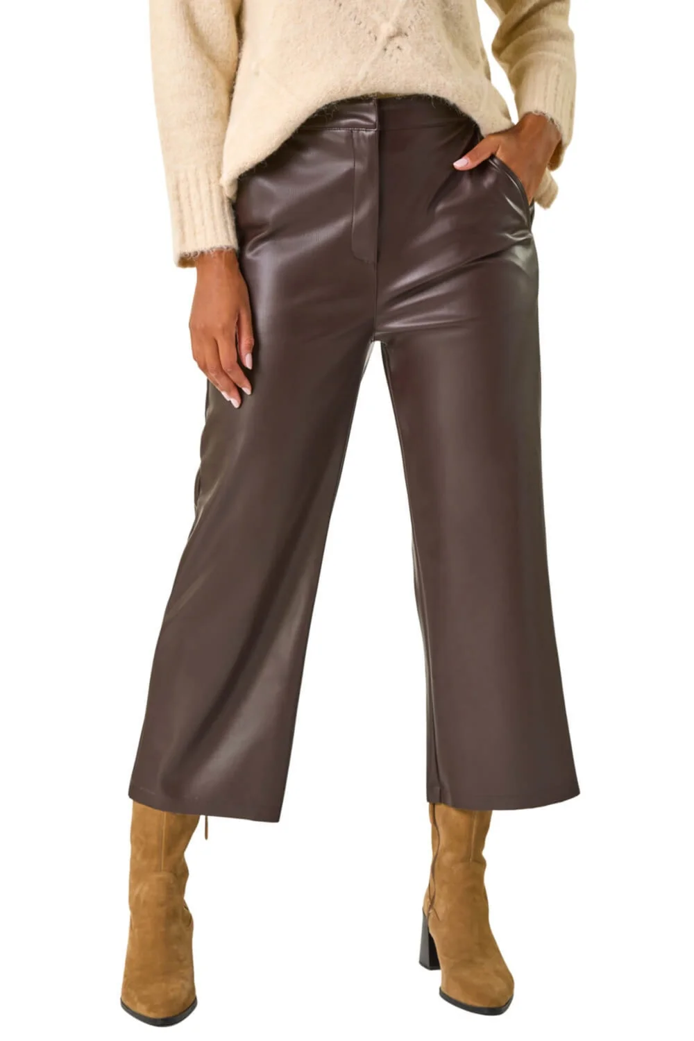 Roman Chocolate Faux Leather Wide Leg Crop Trousers - 16 Image 1