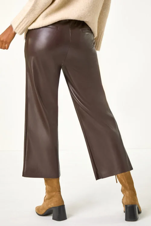 Roman Chocolate Faux Leather Wide Leg Crop Trousers - 16 Image 4