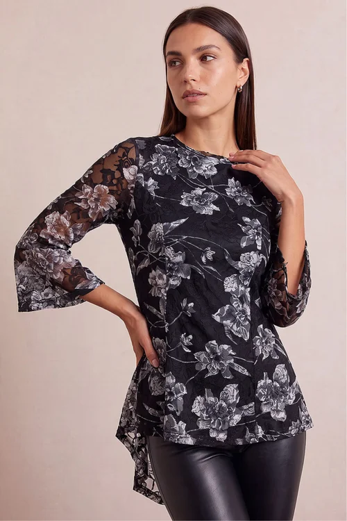 Roman Charcoal Floral Lace Stretch Top - 10 Image 1