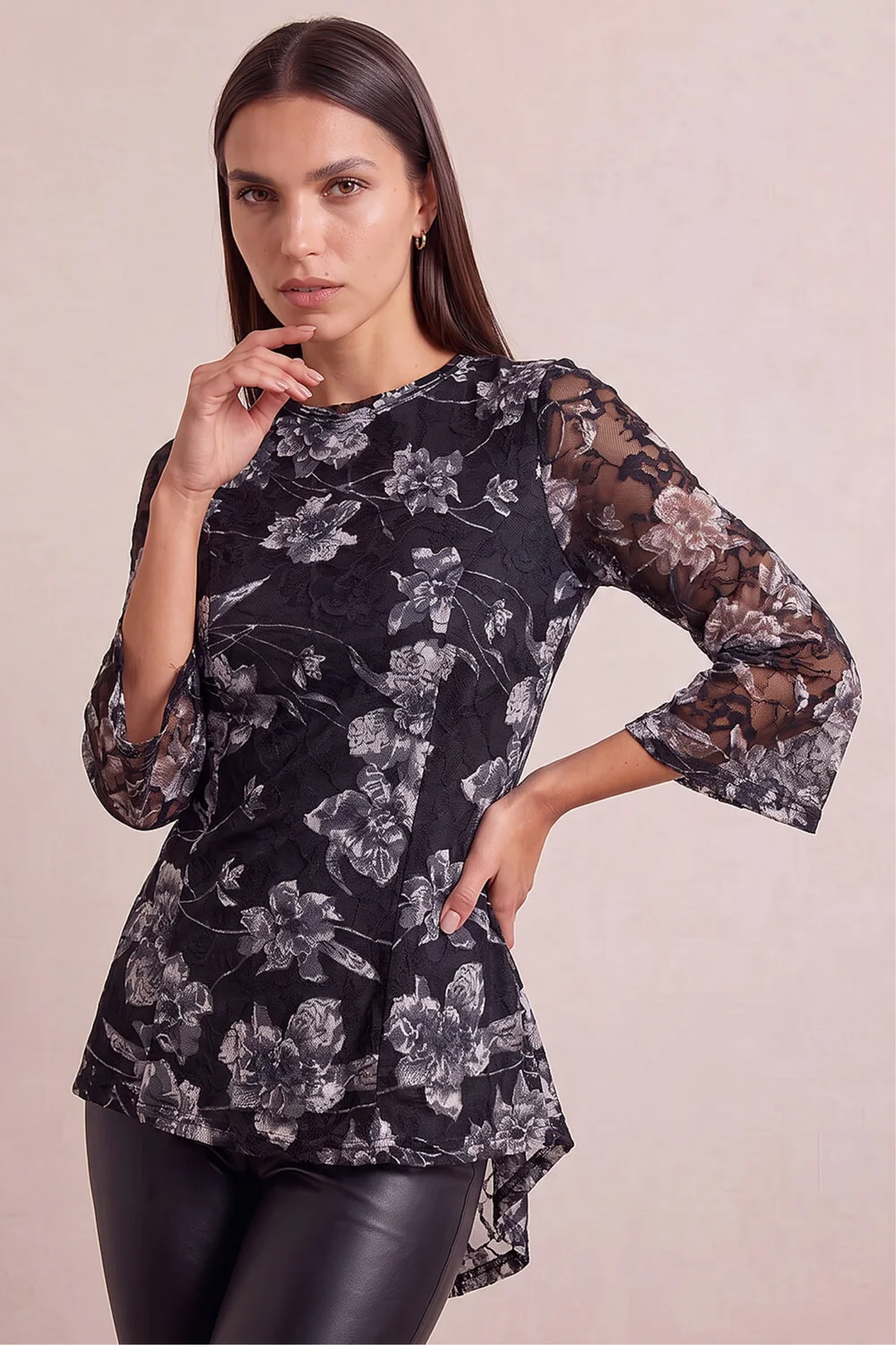 Roman Charcoal Floral Lace Stretch Top - 10 Image 2