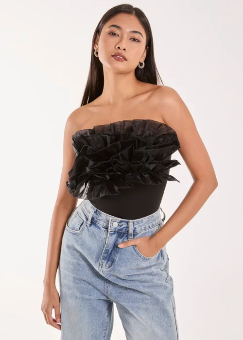 Pink Vanilla Black Corsage Front Ruffle Bodysuit - S Image 1