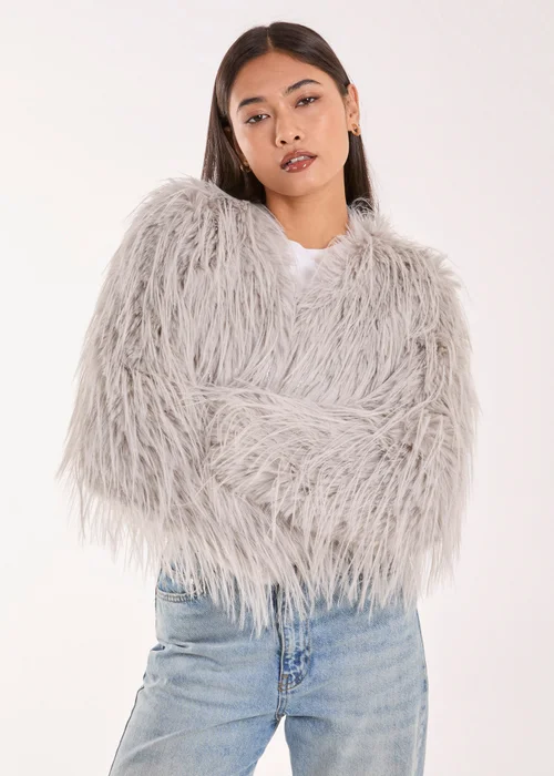 Blue Vanilla Silver Shaggy Faux Fur Cropped Jacket - Small Image 1