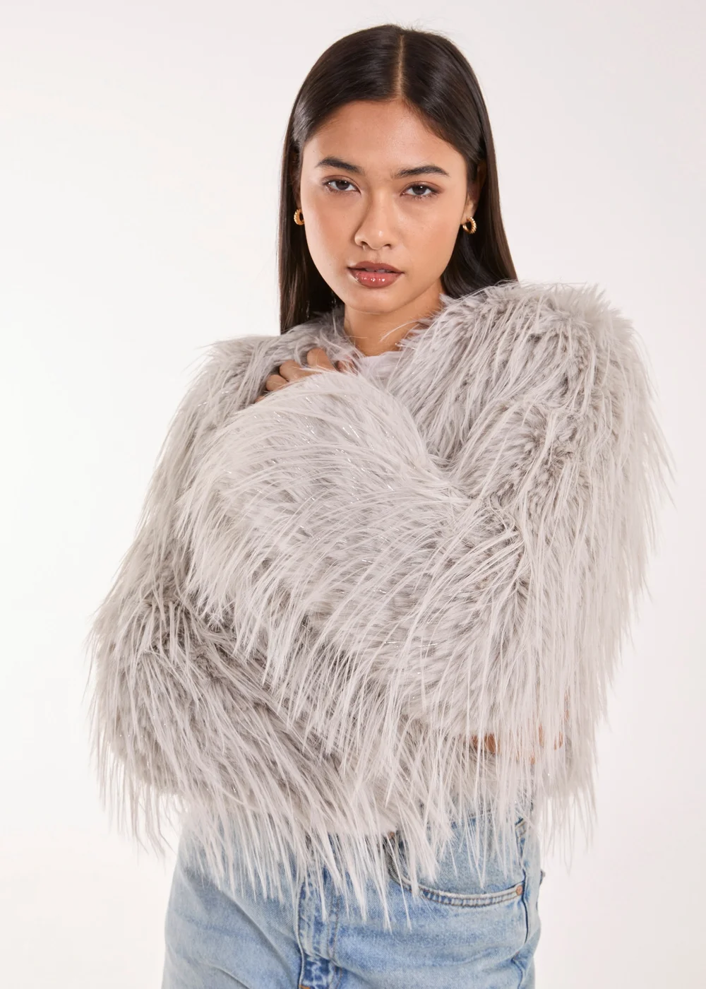 Blue Vanilla Silver Shaggy Faux Fur Cropped Jacket - Small Image 3