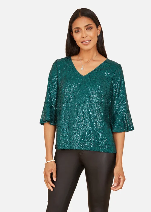 Yumi Green Sequin Top With Fluted Sleeve - 8 Image 2