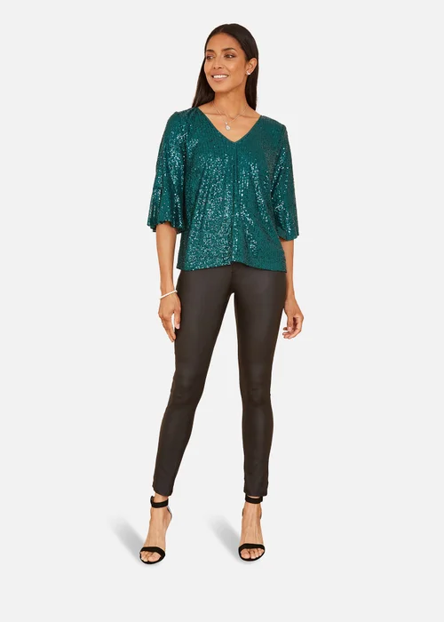 Yumi Green Sequin Top With Fluted Sleeve - 8 Image 1