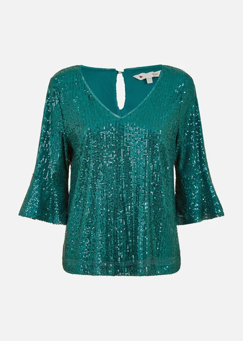 Yumi Green Sequin Top With Fluted Sleeve - 8 Image 3