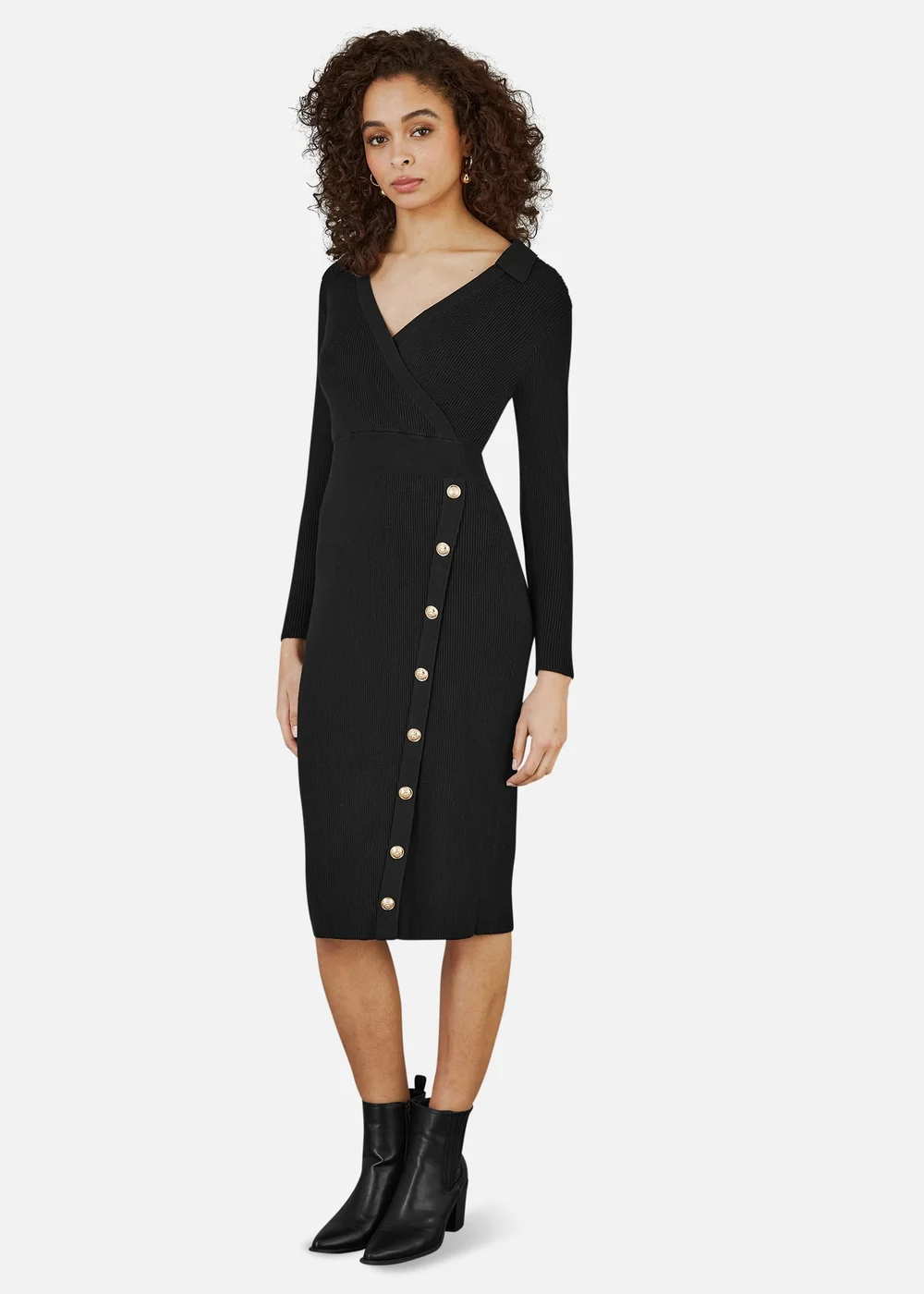 Yumi Black Knitted Midi Dress With Asymmetric Button Details - S | Matalan Yumi Black Knitted Midi Dress With Asymmetric Button Details - S | Matalan