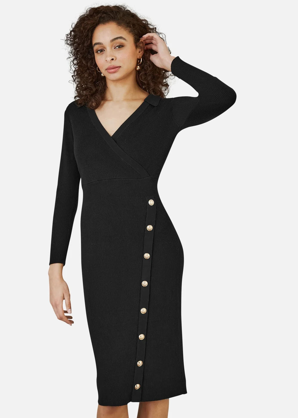 Yumi Black Knitted Midi Dress With Asymmetric Button Details - S Image 2