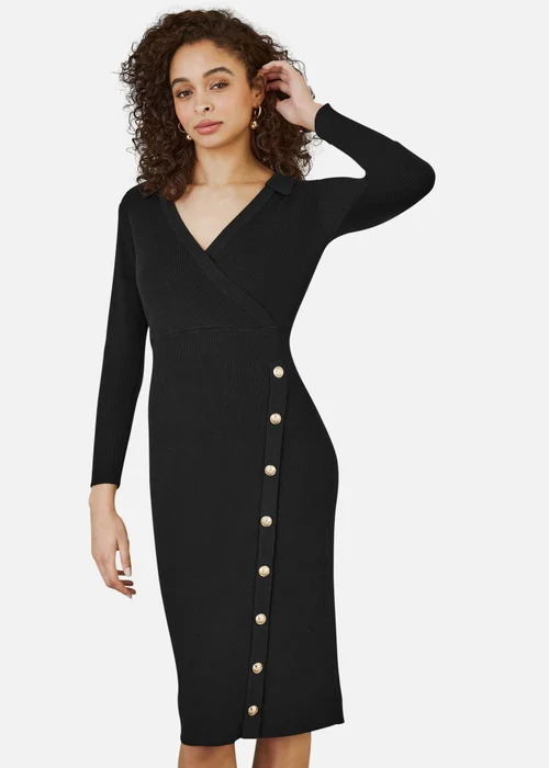 Yumi Black Knitted Midi Dress With Asymmetric Button Details - S Image 2