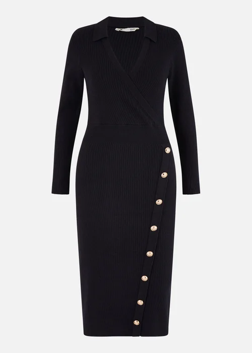 Yumi Black Knitted Midi Dress With Asymmetric Button Details - S Image 3