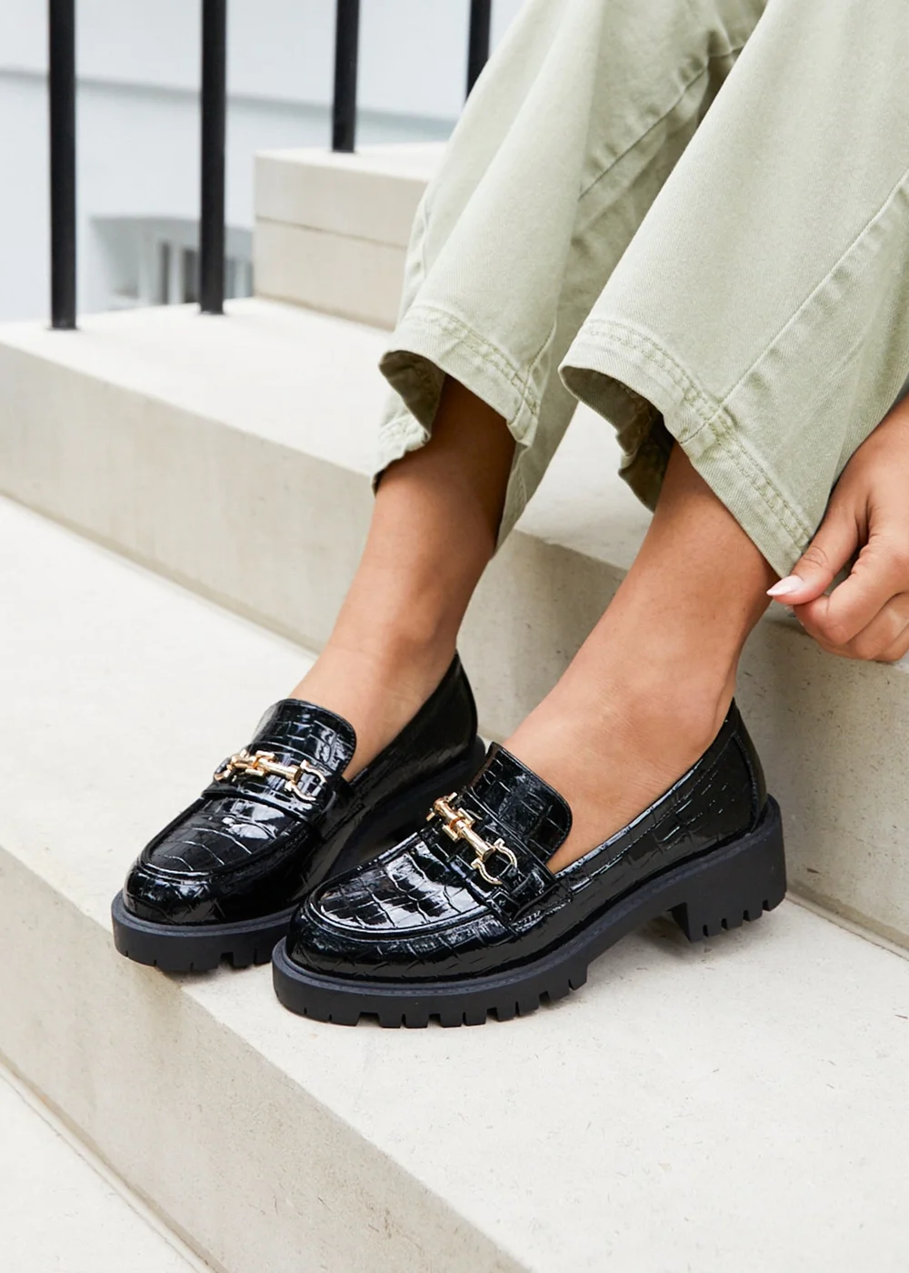 Linzi Aria Black Faux Croc Leather Chunky Sole Loafer - 3 Image 1