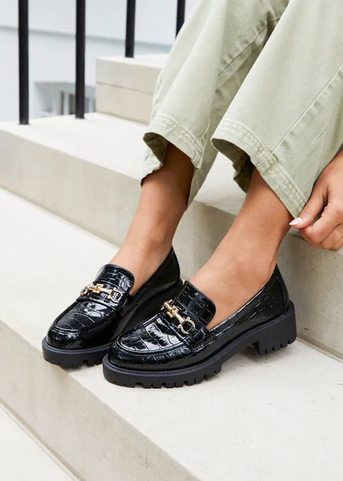 Linzi Aria Black Faux Croc Leather Chunky Sole Loafer - 3 Image 1