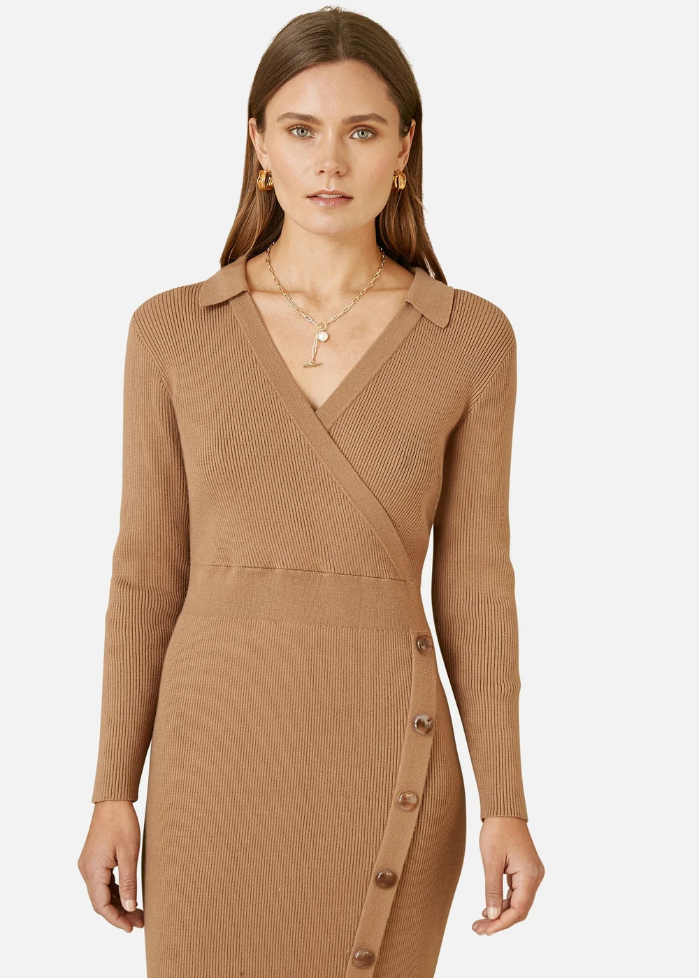 Yumi Brown Knitted Midi Dress With Asymmetric Button Details - S Image 2
