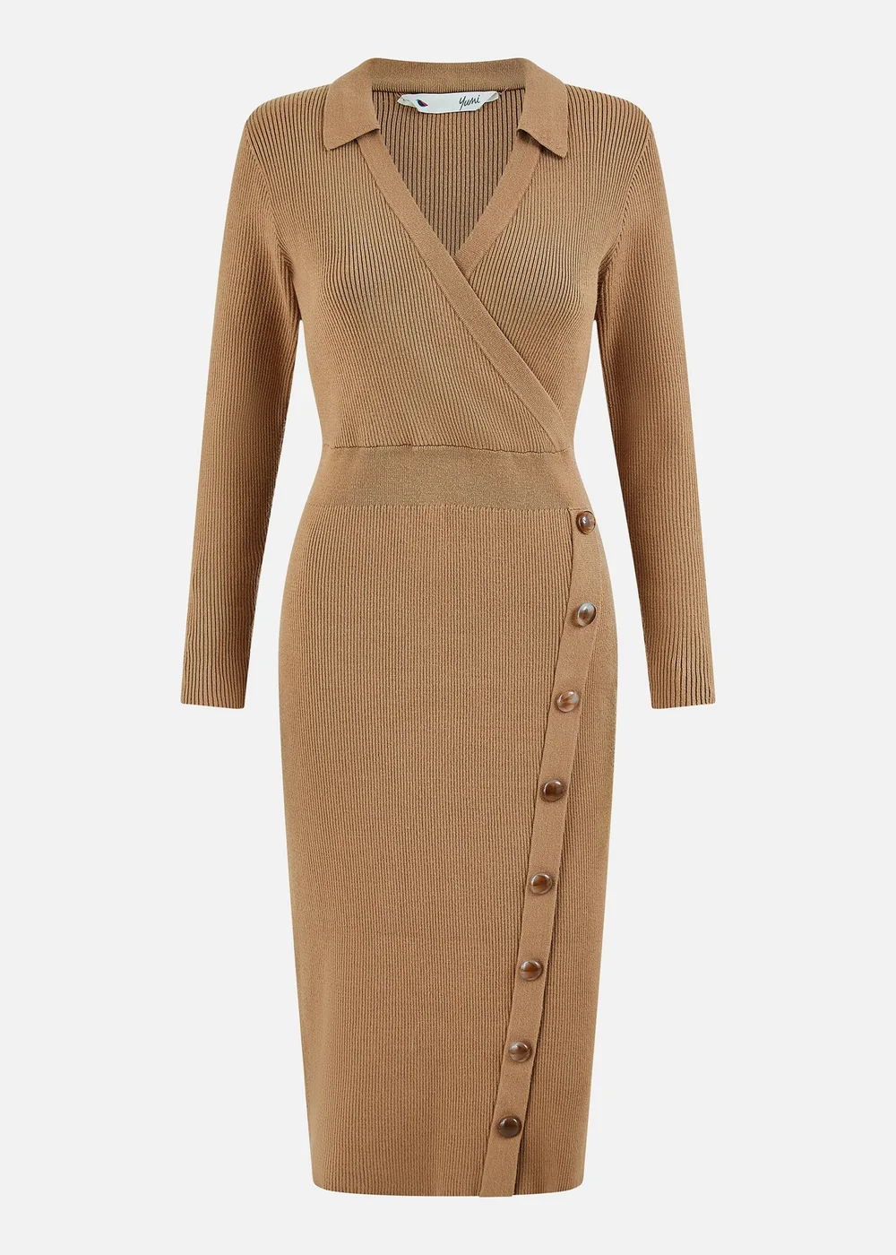 Yumi Brown Knitted Midi Dress With Asymmetric Button Details - S Image 3
