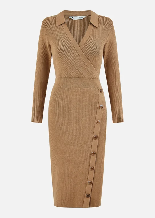 Yumi Brown Knitted Midi Dress With Asymmetric Button Details - S Image 3