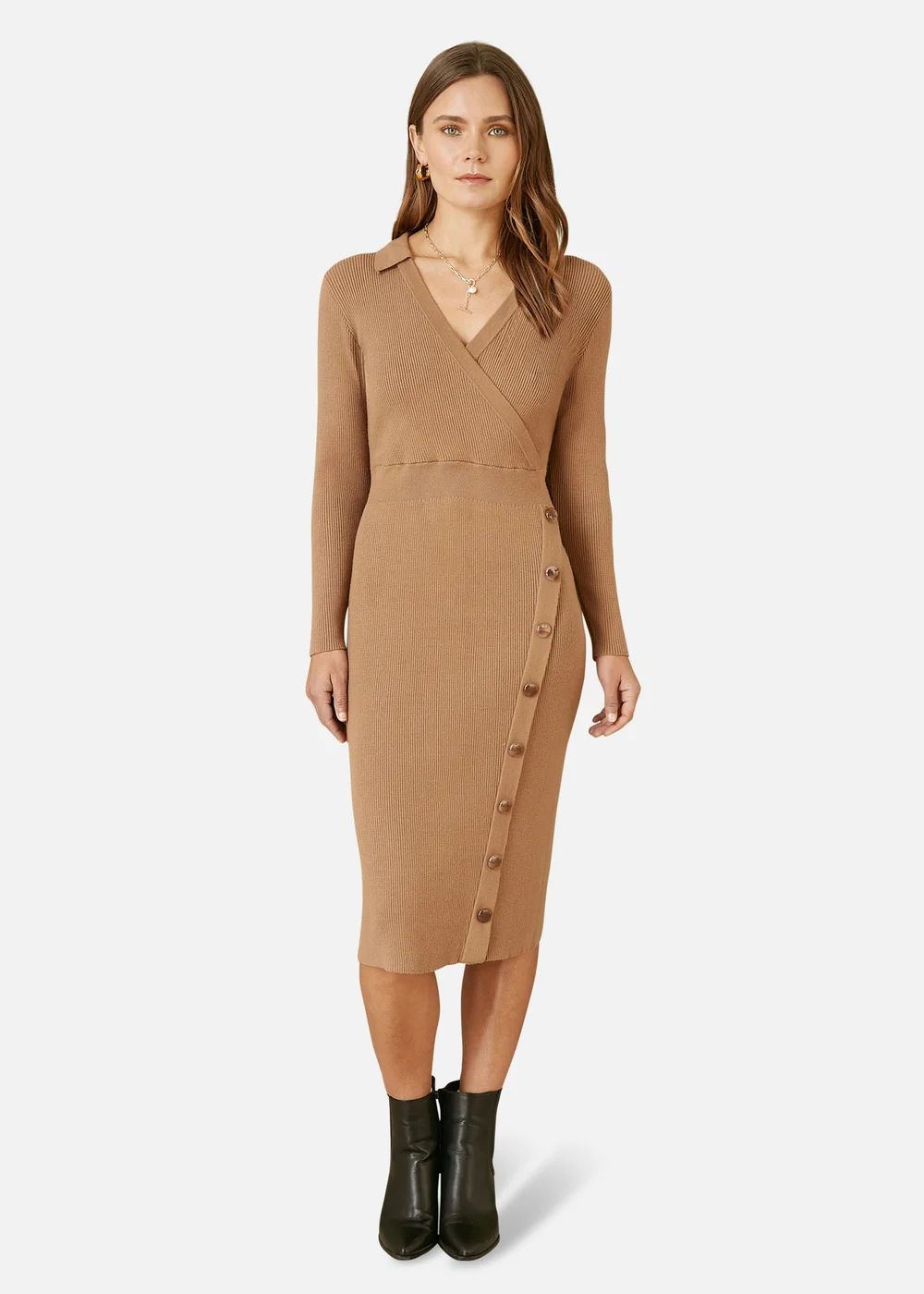 Yumi Brown Knitted Midi Dress With Asymmetric Button Details - S Image 1
