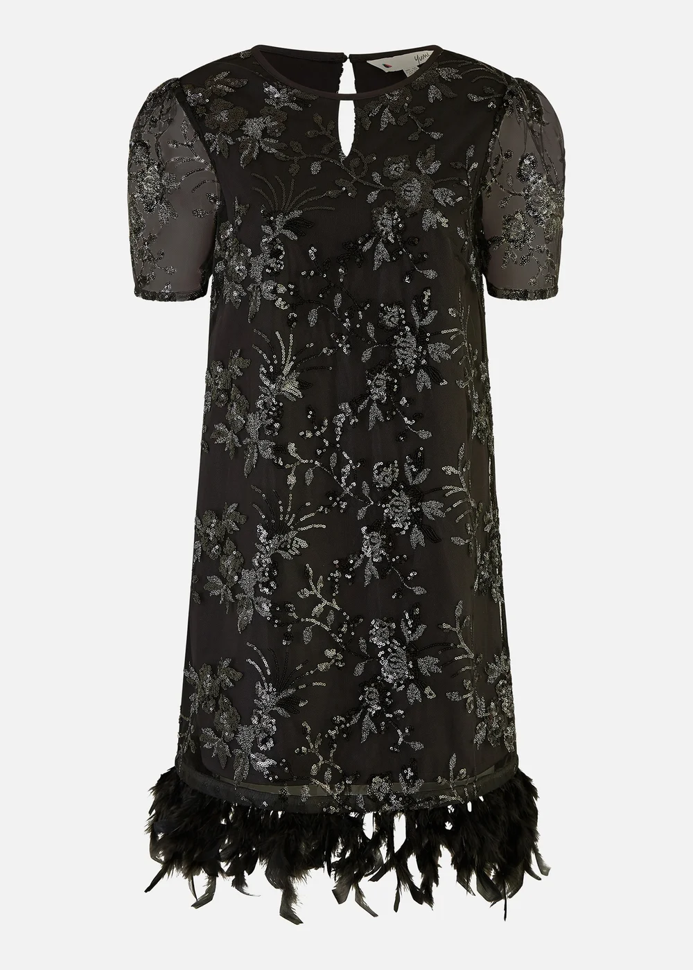 Yumi Black Sequin Embroidered Tunic Dress With Feather Trim Hemline - 8 Image 3