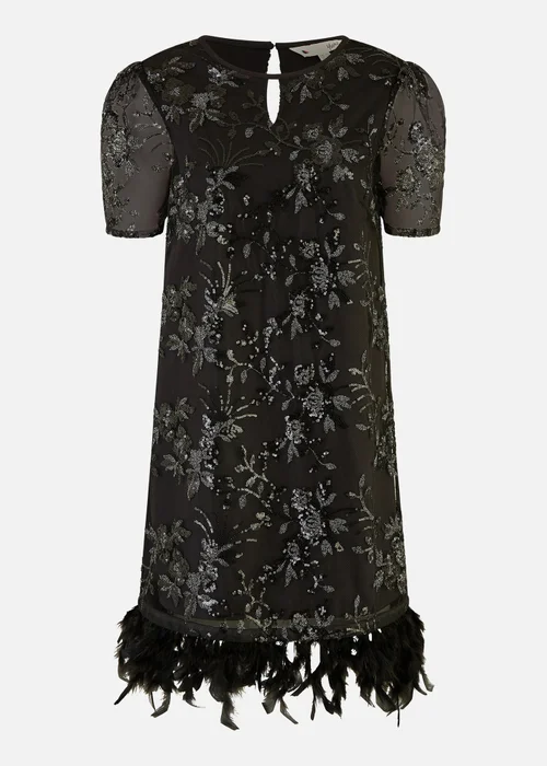 Yumi Black Sequin Embroidered Tunic Dress With Feather Trim Hemline - 8 Image 3