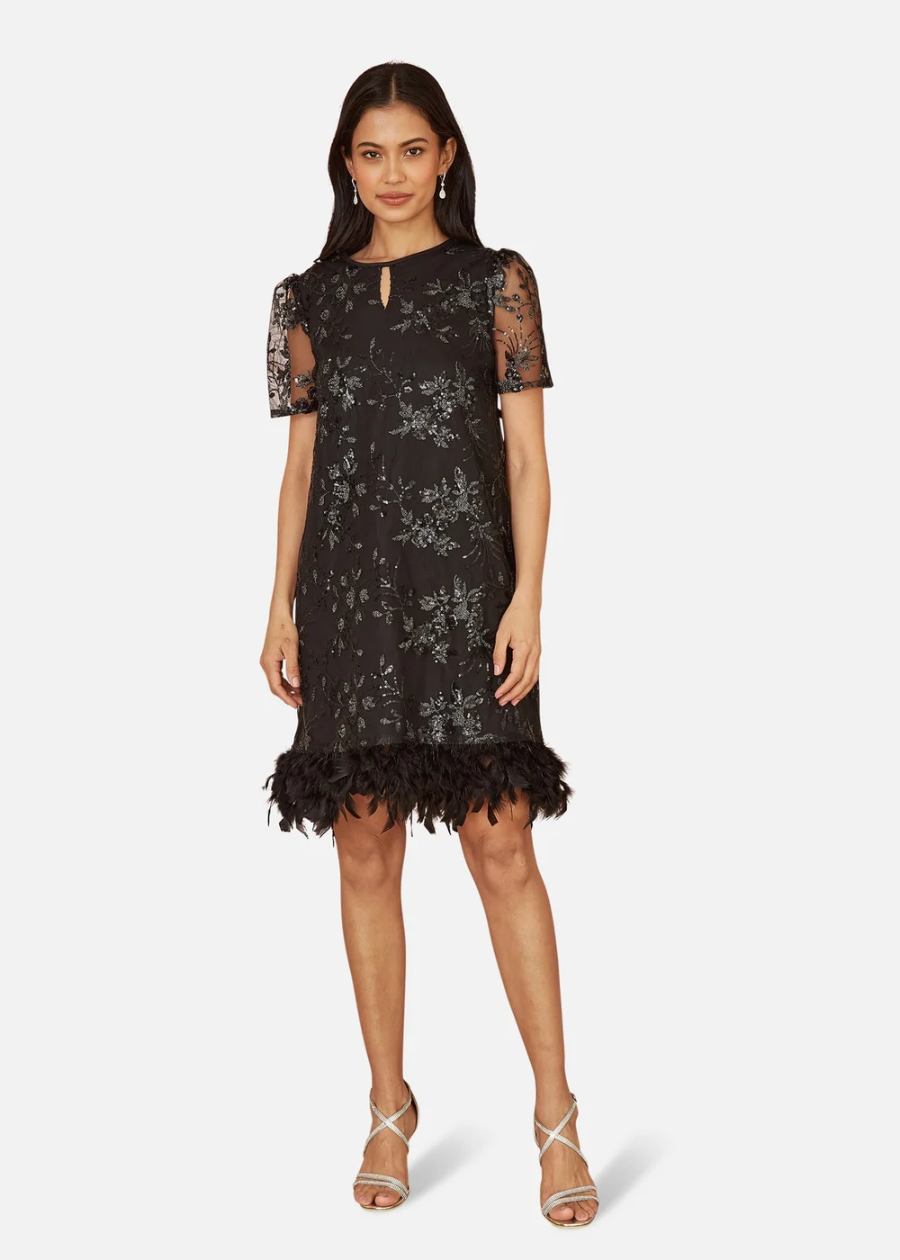 Yumi Black Sequin Embroidered Tunic Dress With Feather Trim Hemline - 8 Image 1