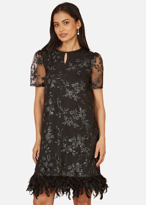 Yumi Black Sequin Embroidered Tunic Dress With Feather Trim Hemline - 8 Image 2