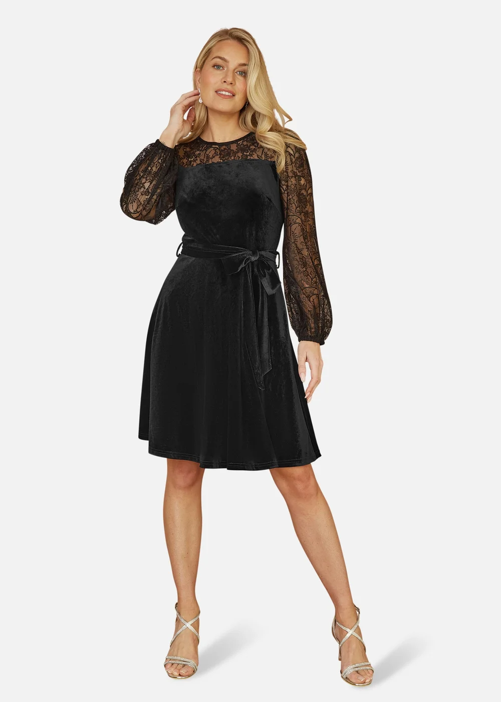 Yumi Black Velvet Skater Dress With Lace Sleeves - 14 | Matalan Yumi Black Velvet Skater Dress With Lace Sleeves - 14 | Matalan
