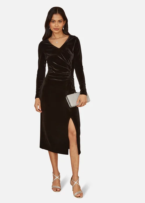 Yumi Black Velvet V Neck Fitted Ruched Midi Dress - Size 8 Image 1