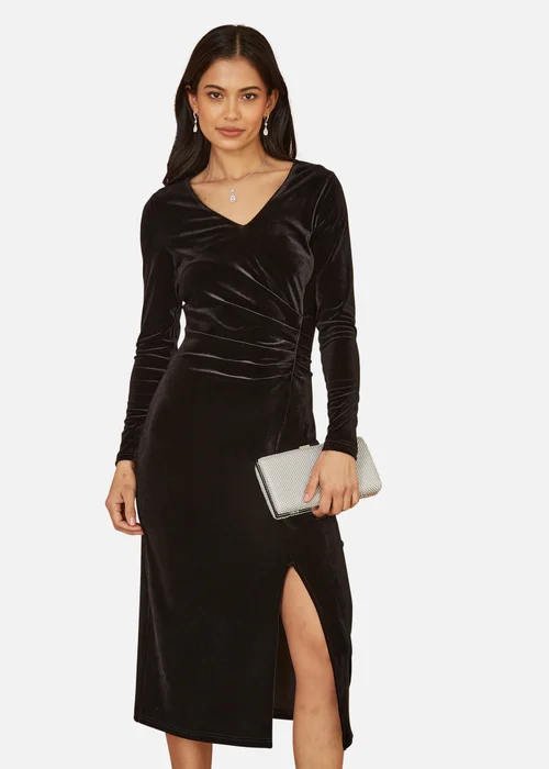 Yumi Black Velvet V Neck Fitted Ruched Midi Dress - Size 8 Image 2